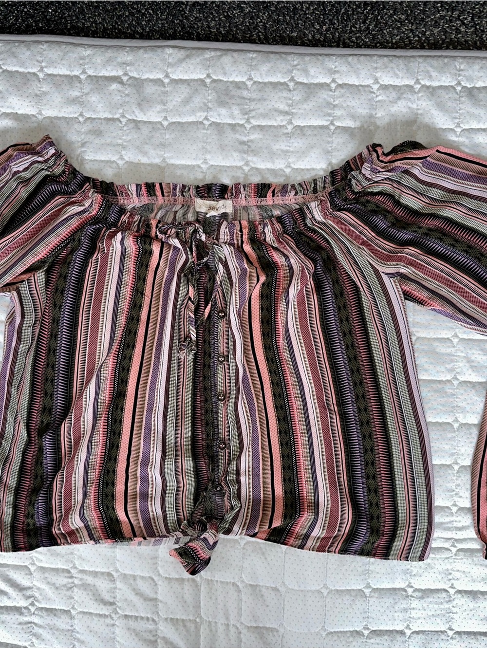 Rewind Striped Off-Shoulder Tie-Front Blouse in Pink, Purple and Black